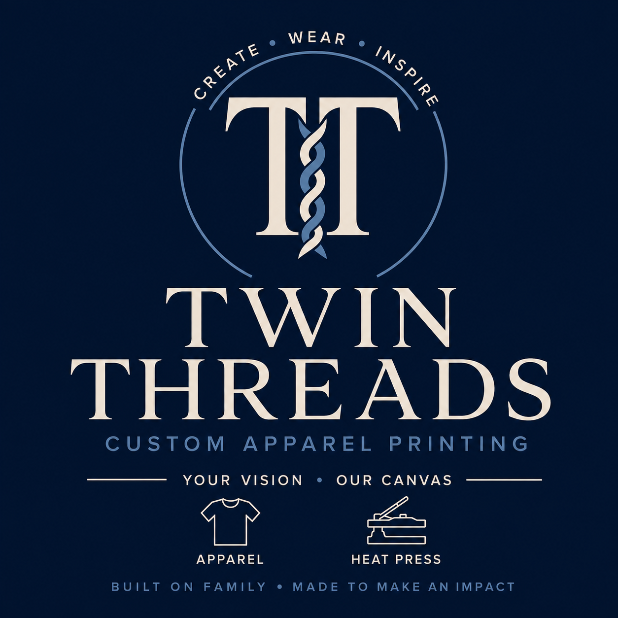 Twin Threads ivory and blue TT monogram and custom apparel branding on navy
